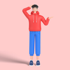 3d male character confused and annoyed with open palm showing copy space and holding hand on head