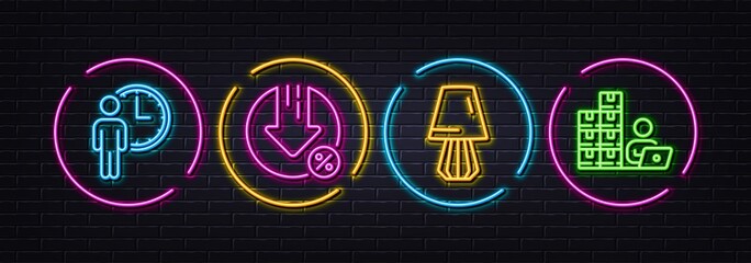 Waiting, Loan percent and Table lamp minimal line icons. Neon laser 3d lights. Inventory icons. For web, application, printing. Service time, Decrease rate, Bedside lamp. Goods operator. Vector
