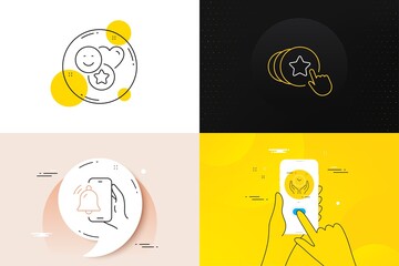 Minimal set of Hold heart, Alarm clock and Smile line icons. Phone screen, Quote banners. Safe time icons. For web development. Love brand, Phone alarm, Social media likes. Hold clock. Vector