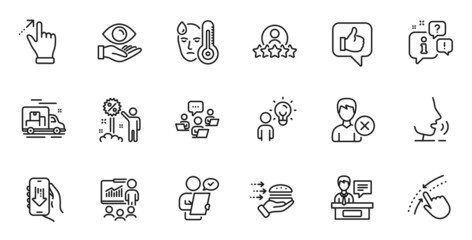 Outline set of Swipe up, Discount and Fever line icons for web application. Talk, information, delivery truck outline icon. Include Health eye, Touchscreen gesture, Customer survey icons. Vector
