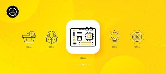 Fototapeta na wymiar Clothing, Discount and Add purchase minimal line icons. Yellow abstract background. Motherboard, Energy icons. For web, application, printing. Donate shirt, Sale, Shopping order. Vector