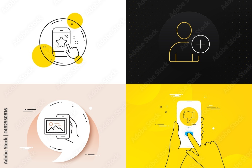 Poster minimal set of add user, star rating and image album line icons. phone screen, quote banners. dislik
