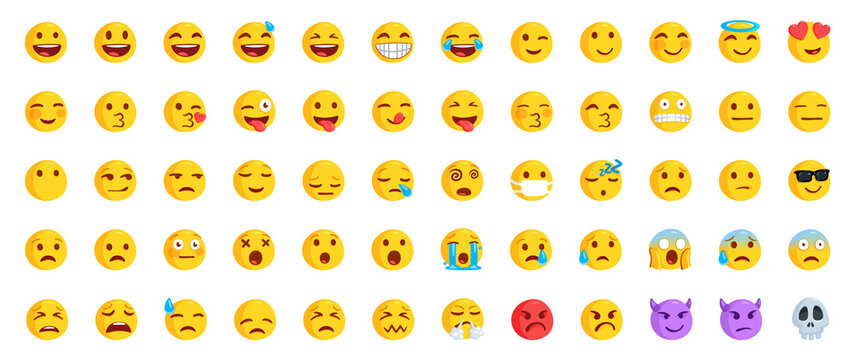 set of popular emoji face for social network - facebook messenger emojis in different style - emoticon collection - cute smiley emoticons	

