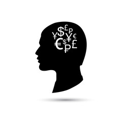 Think money concept. Head black silhouette vector