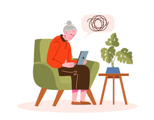 An elderly woman is experiencing a problem with a laptop, technology. Elderly man and gadget. Vector illustration concept.