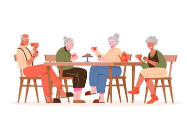 Elderly people drink tea at the table. Grandpa and grandma are having fun together. Vector illustration
