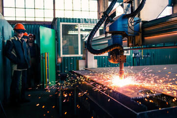 CNC laser plasma. Selective focus on modern technology laser plasma cutting of metal in process at...