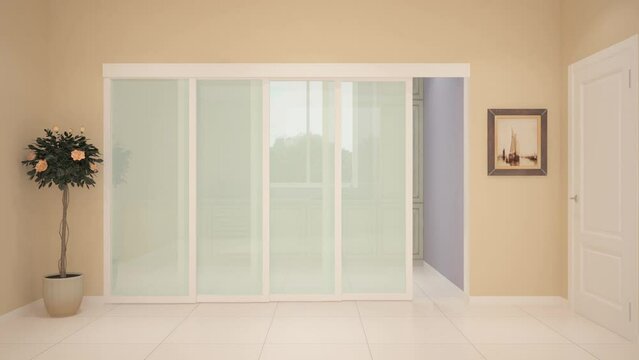 3d visualization rendering Sliding doors with glass in the interior move apart and slide, glazed movable partitions