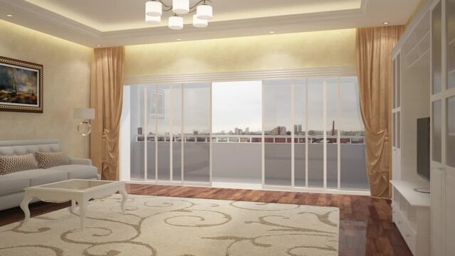 3d visualization rendering Sliding doors with glass in the interior move apart and slide, glazed movable partitions