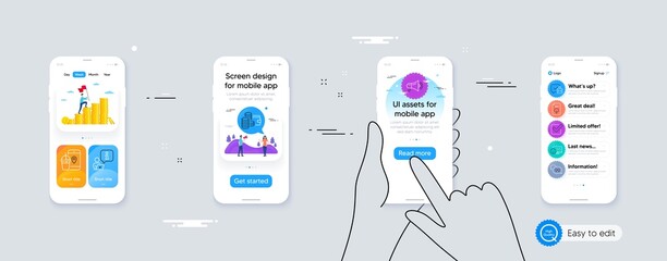 Set of Megaphone, Checkbox and Interview line icons. Phone ui interface. Include Wallet, Puzzle, Thumb down icons. Quote bubble, Smile, Food app web elements. For web, application. Vector