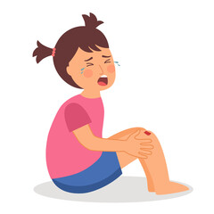 Crying girl kids has knee bleed in flat design on white background. Child injured.