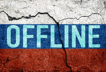 Flag of Russia painted on a concrete wall with word offline.