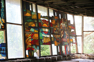 Obraz premium Stained Glass in Pripyat Cafe in Chernobyl Exclusion Zone, Ukraine
