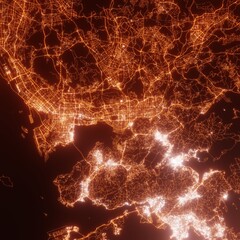 Shenzhen city lights map, top view from space. Aerial view on night street lights. Global networking, cyberspace