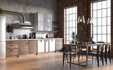 Industrial grunge interior with old brick walls. Loft style, interior mockup, 3d render 