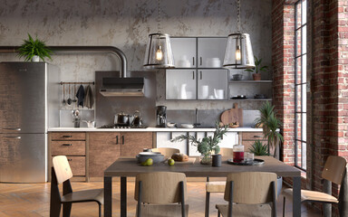 Industrial grunge interior with old brick walls. Loft style, interior mockup, 3d render 