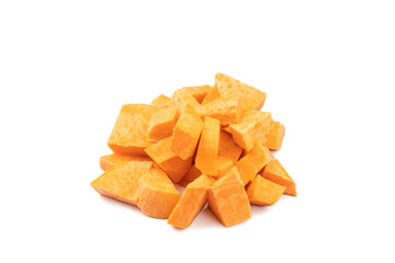cubed sweet potato on a white background