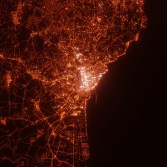 Catania city lights map, top view from space. Aerial view on night street lights. Global...