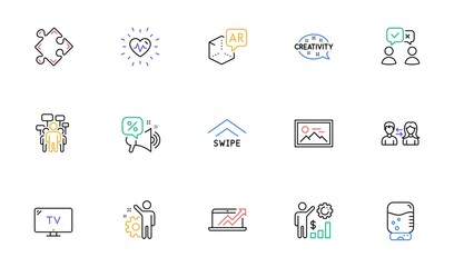 Tv, Strategy and Photo line icons for website, printing. Collection of Discounts offer, Employee, Heartbeat icons. People voting, Employees wealth, Swipe up web elements. Creativity. Vector