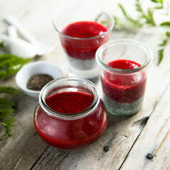 Panna cotta or chia pudding with red berry sauce