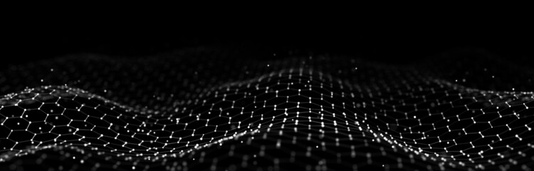 Futuristic black hexagon dynamic wave. Futuristic honeycomb concept. Digital technology webflow. Big data visualization. 3D rendering.