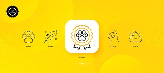 Fototapeta na wymiar Feces, Pets care and Feather minimal line icons. Yellow abstract background. Dog competition, Dog paw icons. For web, application, printing. Excrement, Shelter, Nib pen. Winner award. Vector