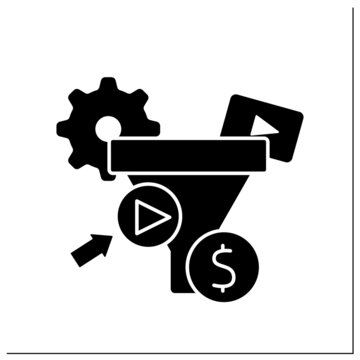 Funnel glyph icon.Content marketing funnel.Tool designed to attract, educate and retain buyers using videos at each stage.Video marketing. Filled flat sign. Isolated silhouette vector illustration