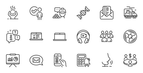 Outline set of Calculator alarm, Meeting and Presentation line icons for web application. Talk, information, delivery truck outline icon. Vector