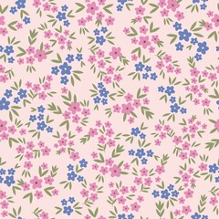 Seamless vintage pattern. Small pink and blue flowers, green leaves. Light pink background. vector texture. fashionable print for textiles, wallpaper and packaging.