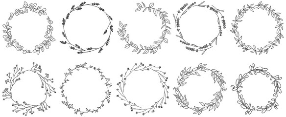 Big bundle of floral wreaths. Vector hand drawn monogram