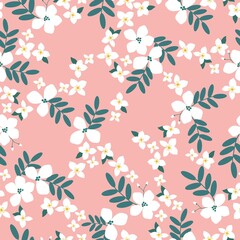 Seamless vintage pattern. White flowers, green leaves. Pink background. vector texture. fashionable print for textiles, wallpaper and packaging.