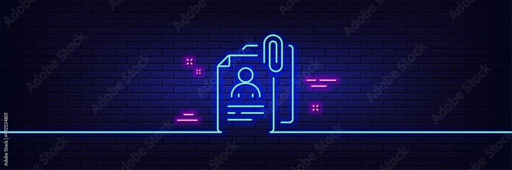 Poster neon light glow effect. interview documents line icon. cv file attachment sign. office hr symbol. 3d