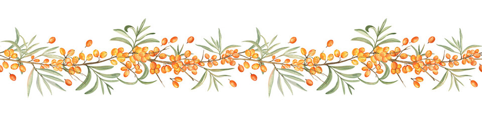 Sea buckthorn seamless garland, isolated on white. Beautiful branches with berries and leaves are painted with watercolor. For stationery design, tape and packaging ribbon decor, kitchen textile.