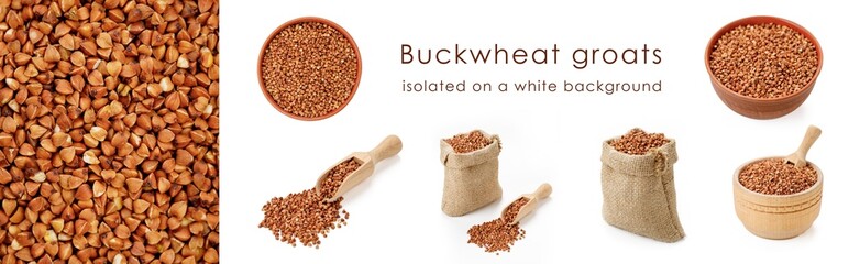 Buckwheat groats isolated on white background. A set of different compositions in one panorama. High quality photo