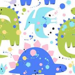 Cute cartoon dinosaur and colorful splashes. Hand drawn vector print. Seamless pattern