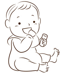 Line drawing illustration of a baby sitting with a smile