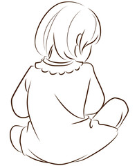 Back view of a sitting girl, line drawing illustration