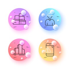 Wholesale goods, Buildings and Warning message minimal line icons. 3d spheres or balls buttons. Engineer icons. For web, application, printing. Vector
