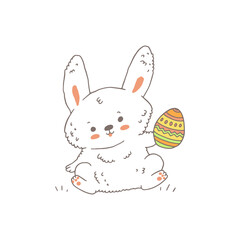 Funny rabbit or bunny holds decorated Easter egg, cartoon vector illustration isolated on white background.