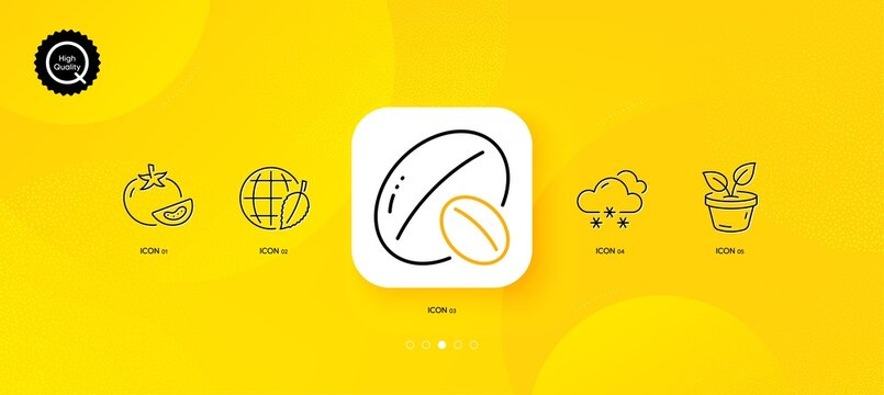 Soy nut, Snow weather and Environment day minimal line icons. Yellow abstract background. Leaves, Tomato icons. For web, application, printing. Vegetarian food, Snowflake, Safe world. Vector