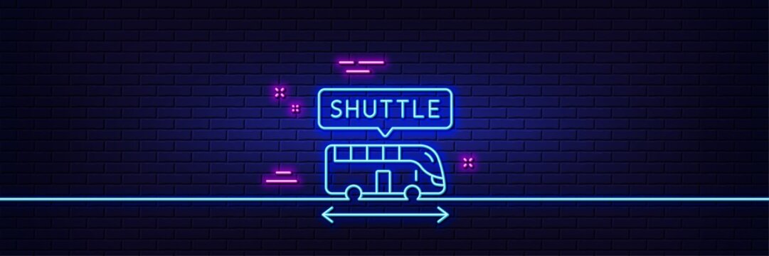 Neon light glow effect. Shuttle bus line icon. Airport transport sign. Transfer service symbol. 3d line neon glow icon. Brick wall banner. Shuttle bus outline. Vector