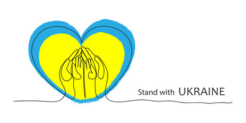 Stand with Ukraine. Сontinuous heart in the colors of the Ukrainian flag in one line style
