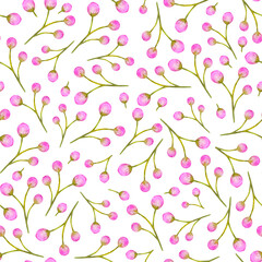 Watercolor pattern. Twigs and berries on a white background.