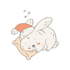 Cute cartoon rabbit or bunny in Santa hat sleeping on pillow, doodle vector illustration isolated on white background.