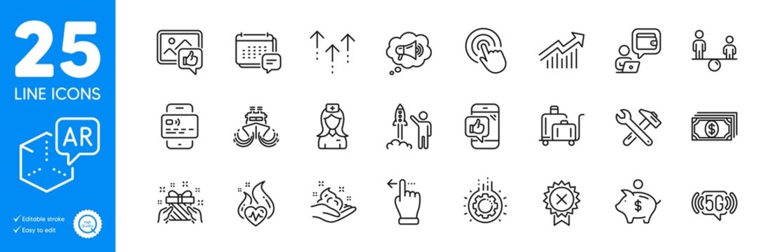 Outline icons set. Piggy bank, Swipe up and Hospital nurse icons. Spanner tool, Click, Luggage trolley web elements. Touchscreen gesture, Like photo, Card signs. Demand curve. Vector