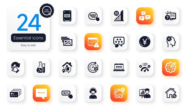 Set of Technology flat icons. Laptop password, Consultant and Online quiz elements for web application. Buy button, Photo album, Chemistry lab icons. Correct answer, Rotation gesture. Vector