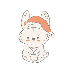 Christmas bunny in Xmas Santa claus hat, doodle vector illustration isolated.