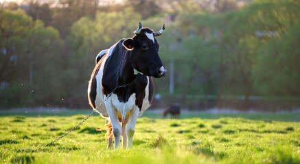 Milk cow grazing on green farm pasture on summer day. Feeding of cattle on farmland grassland © bilanol