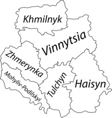 White flat vector map of raion areas of the Ukrainian administrative area of VINNYTSIA OBLAST, UKRAINE with black border lines and name tags of its raions