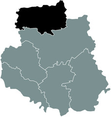 Black flat blank highlighted location map of the KHMILNYK RAION inside gray raions map of the Ukrainian administrative area of Vinnytsia Oblast, Ukraine